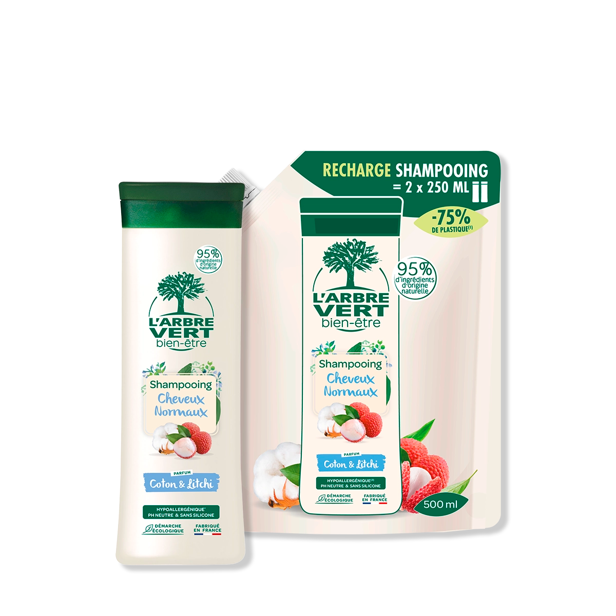 arbre-vert-pack-shampooing-coton-litchi-250-ml-500-ml image 1