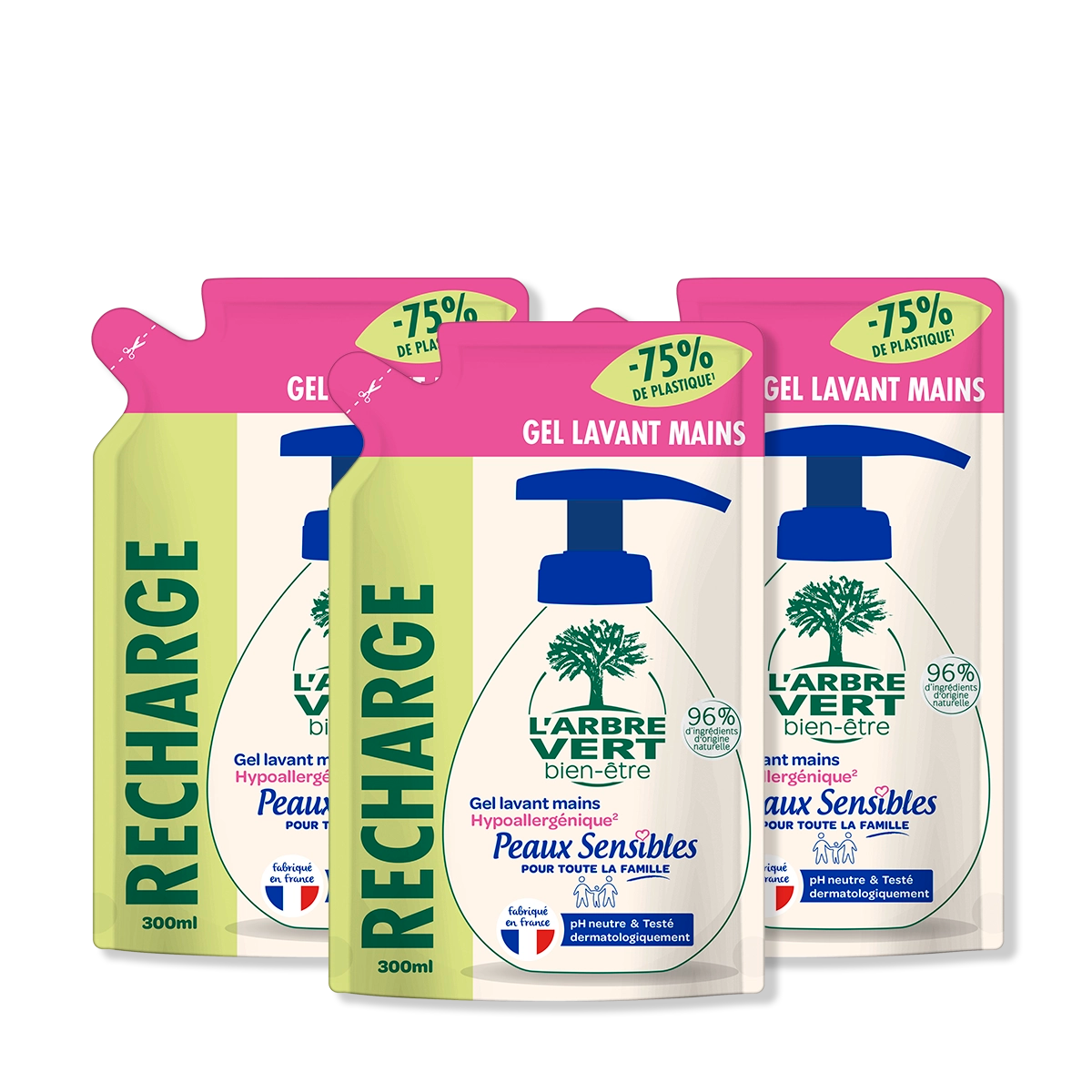 arbre-vert-lot-3-recharges-gel-mains-peaux-sensibles-3x300ml image 1
