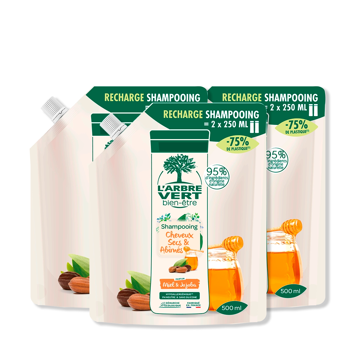 arbre-vert-shampooing-miel-jojoba-lot-3-recharges-cheveux-secs image 1