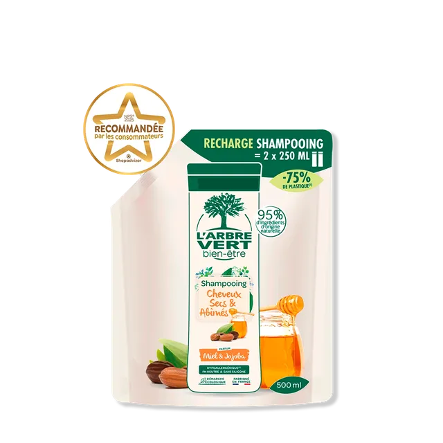arbre-vert-shampooing-cheveux-secs-recharge-500-ml-miel-jojoba image 1