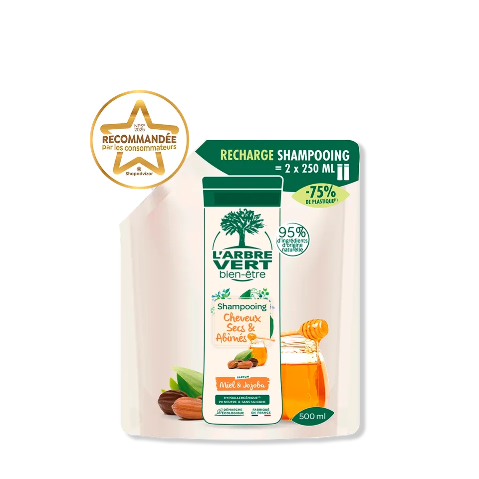 arbre-vert-shampooing-cheveux-secs-recharge-500-ml-miel-jojoba image 1