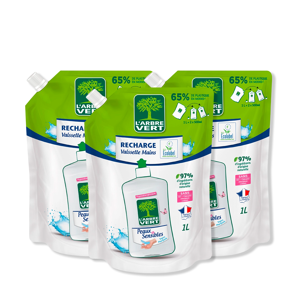 arbre-vert-lot-liquide-vaisselle-peaux-sensibles-3-x-1-l-sans-parfum image 1