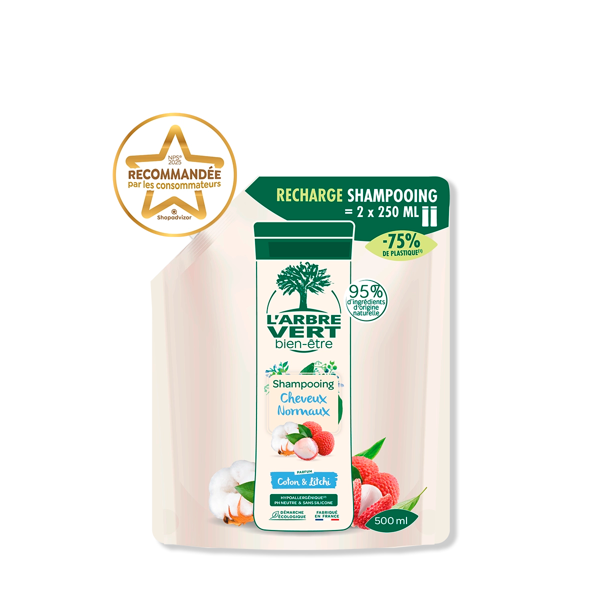 arbre-vert-shampooing-cheveux-normaux-coton-litchi-500-ml image 1