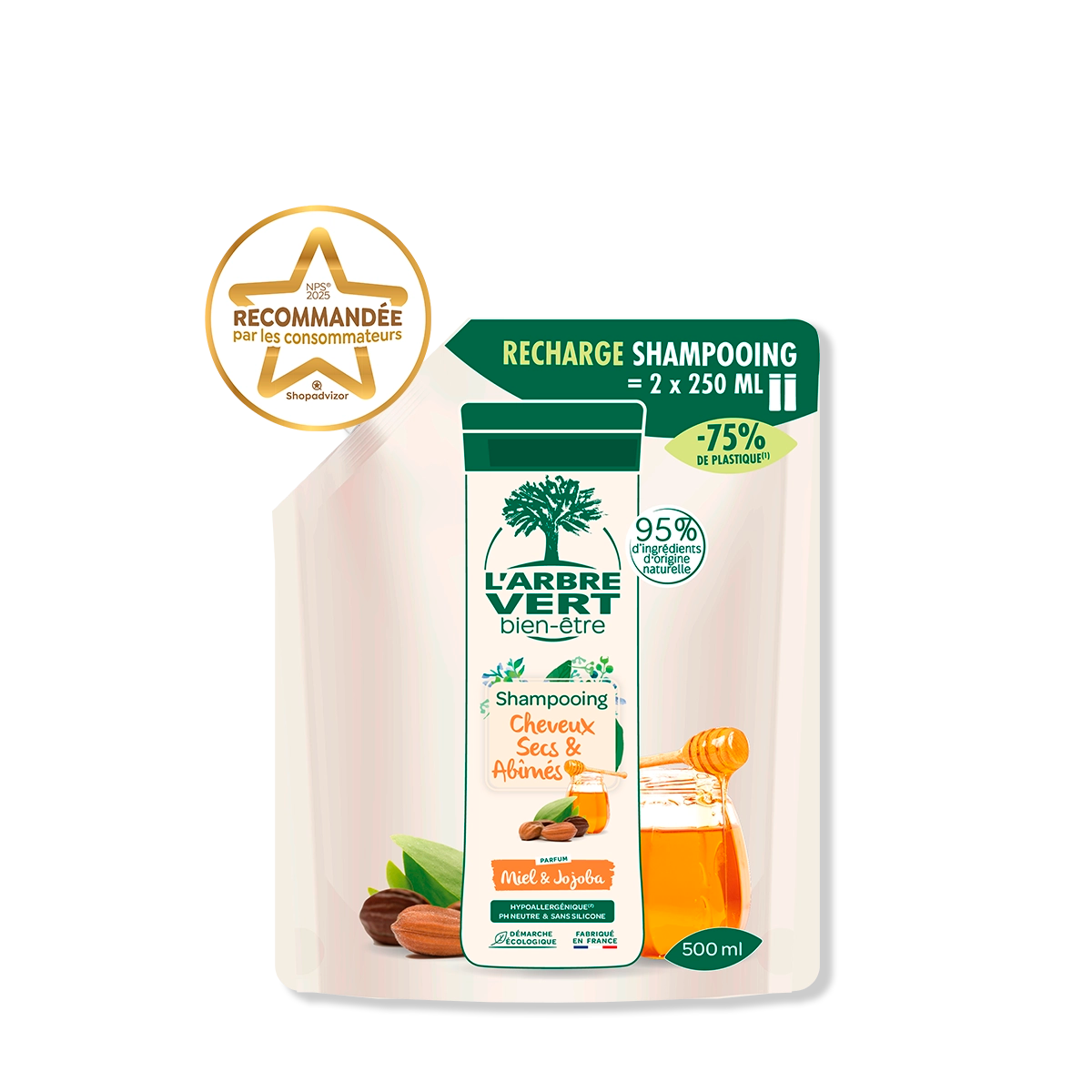 arbre-vert-shampooing-cheveux-secs-recharge-500-ml-miel-jojoba image 1